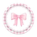 Detailed view of pink watercolor bow and checkered pattern on party paper plate - Large Gingham Plates