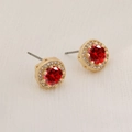 Sparkling red round zircon stud earrings with white diamond halo and gold plated base - Gold-Red Zirconia