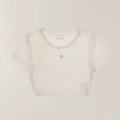 Detailed view of ivory white ribbed knit crop top featuring a central floral embroidery - XS / White Mist