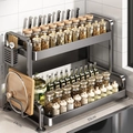 Black double-layer carbon steel kitchen spice rack with knife holder 55cm long - 2-Layer Gun Grey 55CM Full Set (Chopstick Tube + Board Rack) + 4 Hooks