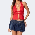 Women's summer outfit with red halter ruffle top and dark blue denim bubble skirt - S / Dark Blue