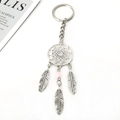 Détail d'un porte-clés attrape-rêves en alliage argenté avec perle rose et trois plumes - Rose