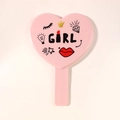 Pink heart-shaped handheld mirror featuring cute cartoon graphics and Girl text - Lipstick Lip Print