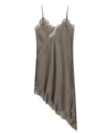 Detail of taupe satin dress featuring delicate lace trim and asymmetric hemline - XS / Khaki