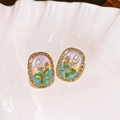 Vintage enamel pearl earrings with gold frame and floral pattern on shell tray - Oval Drip Oil Flower Pearl Stud Earrings