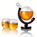 Globe whiskey decanter set with sailboat glass ship inside and two etched map glasses - Bottle, Wood Stand And Cups