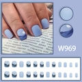 Uñas postizas azul claro mate con diseño de montaña y luna pintura W969 - Tipo de Pegamento / Azul Claro (W969)