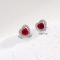 Sparkling silver heart stud earrings with red zircon stone and micro-pave crystals - Stud Earrings / Red