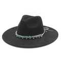 Classic black suede wide brim fedora with turquoise beads and metallic chain decoration - Black Suede