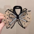 Pinza per capelli bimba con fiocco in rete beige a pois e decorazioni in strass - 487 Clip per Capelli con Fiocco [Champagne]
