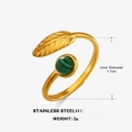 Gold leaf ring with green malachite stone in stainless steel, adjustable design - Malachite