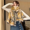 Winter faux cashmere scarf with beige and yellow geometric patterns and fringe - Totem Steed-Yellow