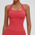 Slim fit halter yoga tank top in coral pink with Y-back cutout for women fitness - S / Raspberry Red