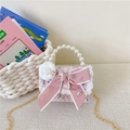 Pink tweed girls' crossbody bag with pearl handle and bow, elegant mini purse - Blue Bowknot