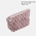 Brown plush checkered cosmetic bag with star zipper, size 22x7.5x14cm and soft texture - Brown Hexagon Bag