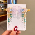 Girl's pink flower and purple butterfly hair clip with green bead tassels in Hanfu style - Golden Three Fish Tails (6)