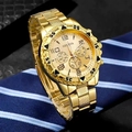 Men's business quartz watch in gold metal strap with Geneva dial over blue silk tie - Gold