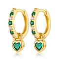 Golden heart earrings featuring green heart-shaped zircon and white stones - Gold-Green