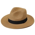 Classic khaki Panama straw hat with a wide brim and black decorative ribbon band - M / Khaki