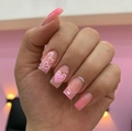 Close-up of pink coffin nails featuring 3D embossed hearts and sparkling rhinestones - Yellow Jelly Glue Set