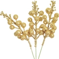 Three golden glitter Christmas berry stems for indoor and outdoor holiday decorations - 15 Heads Berry Stem / Gold