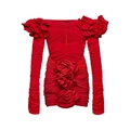 Rotes schulterfreies Minikleid mit langen Ärmeln und 3D-Blumenrosetten-Dekoration - S / Schulterfreies Slim Fit-Set / Rotes Schlauch-Oberteil-Langarm-Set