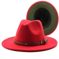 Detail of red fedora hat with green contrast brim and brown leather strap with rivets - M(56-58cm) / Red and Army Green