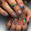 Rainbow heart press-on nails with colorful polka dots and glitter gradient long coffin shape - Rainbow Heart Dopamine Style (AW400)
