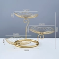 Golden 3-tier metal fruit basket with elegant hollow leaf design and 32cm height frame - Gold