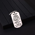 Polished stainless steel dog tag keychain with brother quote on dark wood background - Style 13 (Brother Brushed Texture)