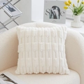 Creamy white plush square pillow with striped texture on a cozy teddy fleece chair - Beige