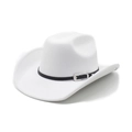 Détail d'un chapeau de cowboy en feutre blanc avec ruban en cuir noir et boucle argent - M(56-58cm) / Blanc (Couronne Creusée)