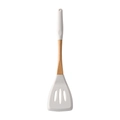 White silicone slotted turner with wooden handle for non-stick cooking and easy storage - Slotted Spatula