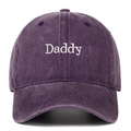 Close-up of white Daddy embroidery on purple washed cotton vintage baseball cap - One Size / Purple