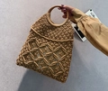 Khaki cotton rope woven beach bag featuring round wooden handles and geometric cutout design - Khaki