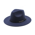 Detail view of navy blue wool fedora hat with studded black leather belt decoration - Navy Blue