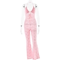 Roze kant jumpsuit met halsternek, sexy uitsnijdingen en stijlvolle flared broekspijp - L / Roze