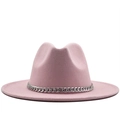 Pink wide brim fedora hat in felt material with silver metal chain decor and flat brim - Pink