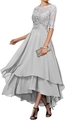Elegant grey lace evening dress with high-low chiffon skirt and delicate floral patterns - US 2 / Silver
