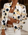 Women's baseball jacket with gold chain print and black polka dots on white background - S / White with Gold Chains