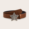 Cintura in pelle marrone con fibbia a stella vintage e decorazioni a stella traforate - Fibbia a Stella Intagliata / Marrone Stampa a Stelle