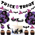 Trick or Treat Halloween party decoration set with banner, purple balloons and cake toppers - Full Decoration Set (Banner + Pull Flower + Balloons + Toppers)