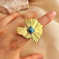 Adjustable golden stainless steel fan-shaped ring with a square turquoise stone - Square Turquoise Fan Style / Gold