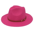 Detail of rose pink woven Panama hat with brown leather belt and gold buckle accent - Rose Red