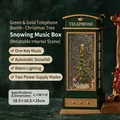 Green Christmas telephone booth music box with rotating tree and snowman and LED lights - 10.5x10.5x25cm / Green Gold Telephone Booth Rotating