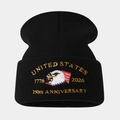 Close-up of bald eagle embroidery on a black knit beanie for the 250th anniversary - Black