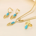 Detail of leaf-shaped jewelry set with blue turquoise inlay on gold snake chain - One Size Ring / Blue (KS220683-LX)