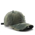 Vintage dark green washed cotton baseball cap with distressed torn edges for outdoor sun protection - Dark Green