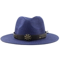 Klassischer dunkelblauer Strohhut im Fedora-Stil mit Lederband und Vintage-Metallblume - M (56-58cm) / Marineblau