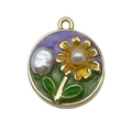 French vintage enamel round pendant with yellow flower design and pearl accents - Purple Gold-Sprinkled Sunflower Pearl-22065